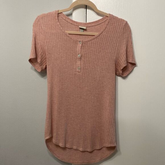 A New Day Pink Ribbed Button Short Sleeve Shirt S - Picture 1 of 3
